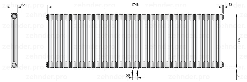 Схема (чертеж) Радиатор Zehnder Charleston 2090/38 №5410 Белый глянцевый RAL 9016